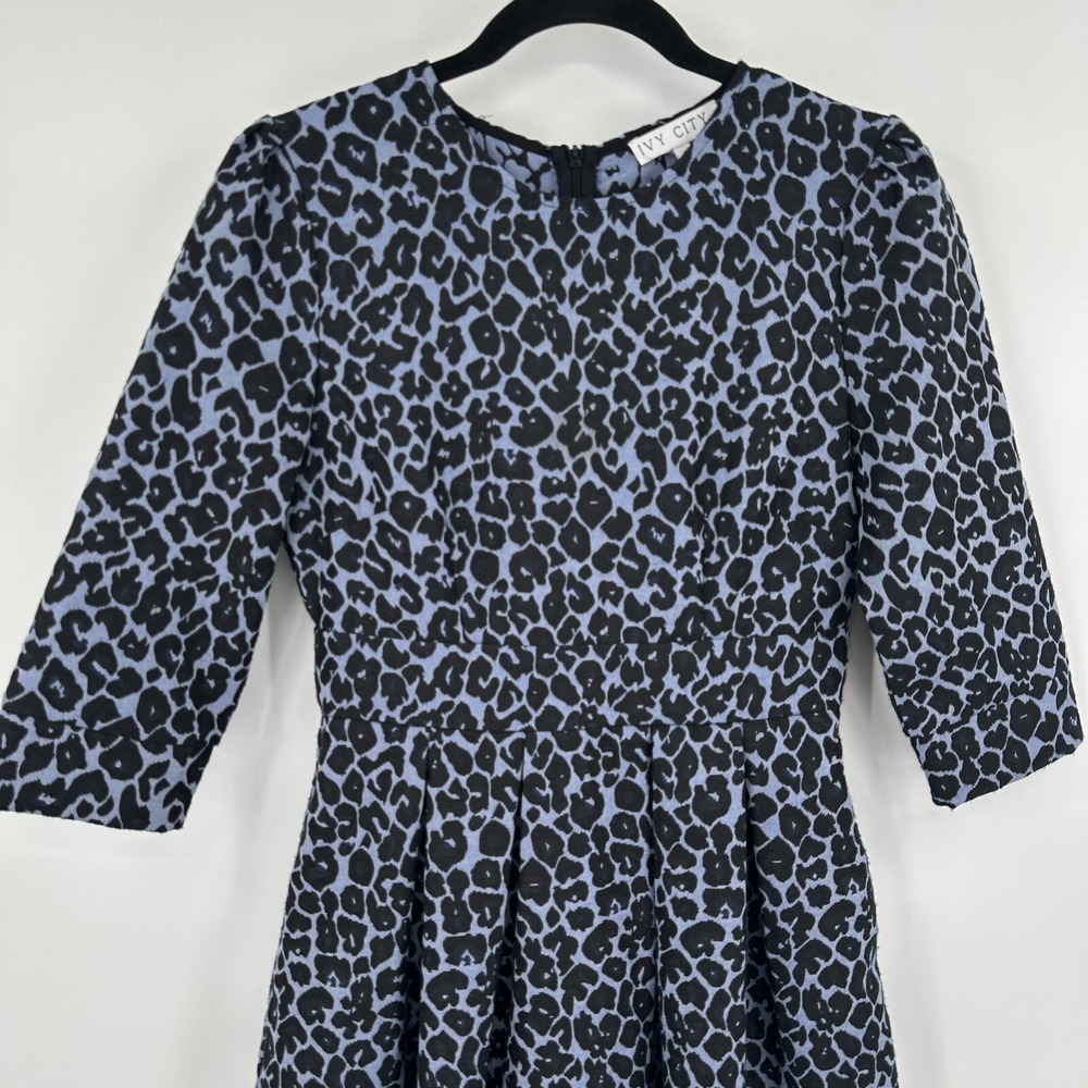 Ivy City Co Waldorf A-Line Dress Womens Small Blue Black Leopard Print Back Zip